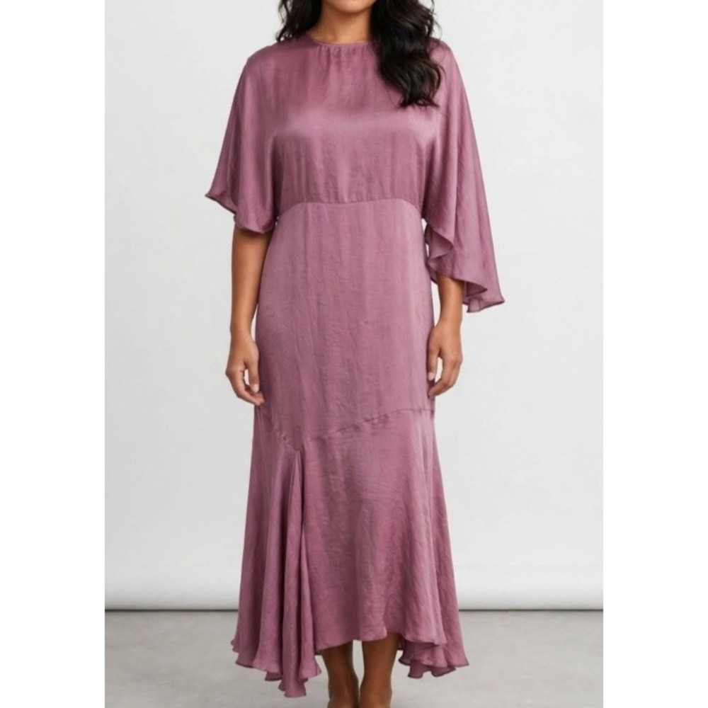 ASOS Plum Satin Flutter Sleeve Asymmetric Midi Dress Sz 12 Retro Party Boho Chic